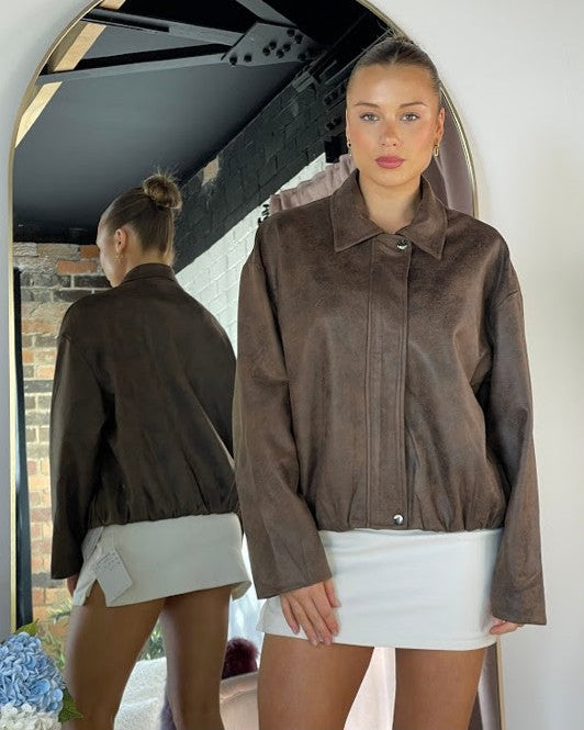 130982-1 BROWN PU LEATHER COLLARED BOMBER JACKET