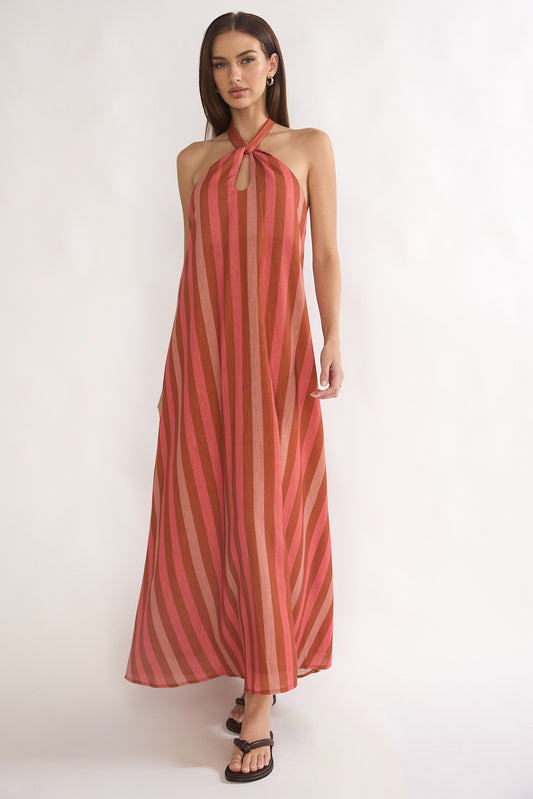 64666J09 PINK MULTI HALTER NECK MAXI DRESS