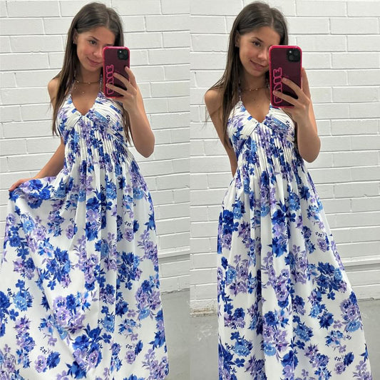 MD06117-3 BLUE FLORAL HALTER MAXI DRESS