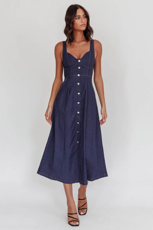 CM6178D DENIM STRETCH MIDI DRESS