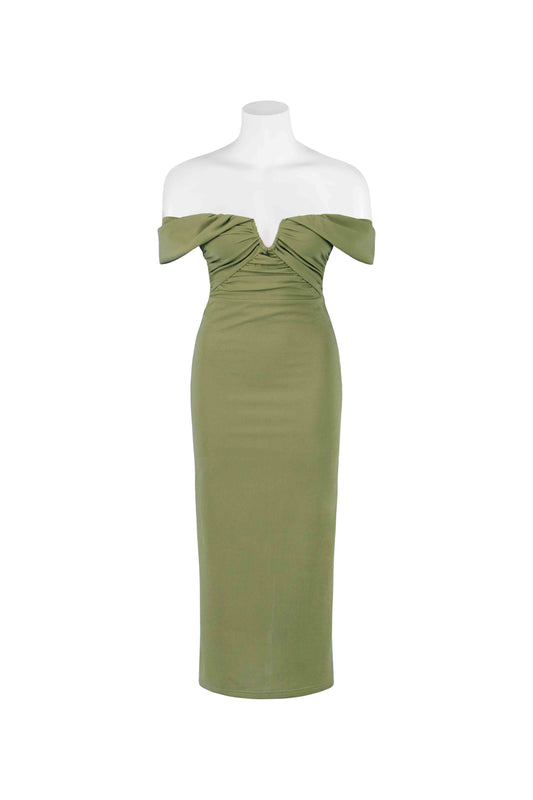 EE8813MA OLIVE OFF SHOULDER MIDI DRESS
