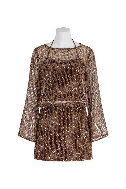 EW8321T-SA MOCHA SEQUIN KNIT TOP AND MINI SKIRT SET