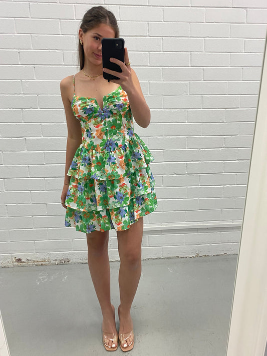 J11693 GREEN FLORAL MINI DRESS