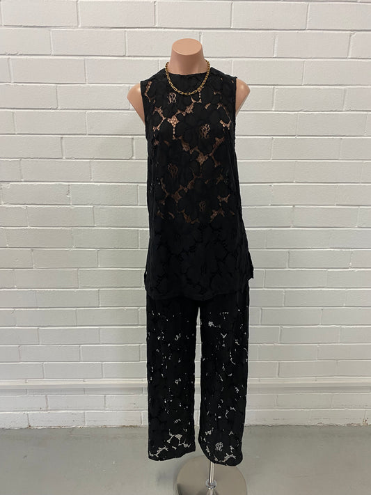 ST5347F-T/P BLACK LACE TOP AND PANT SET