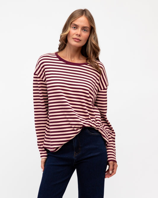 LOL22679 PINK/BURGUNDY STRIPE LONG SLEEVE EASY TUCK TEE