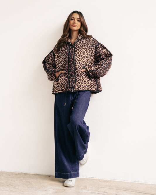 LOL70502 LEOPARD PRINT QUILTED PUFFER JACKET
