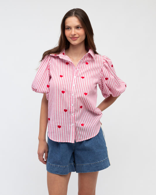 LOL70771-5 PINK STRIPE HEART EMBROIDERY SHIRT