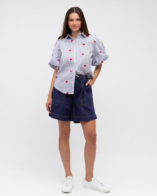 LOL70771-6 BLUE STRIPE HEART EMBROIDERY SHIRT