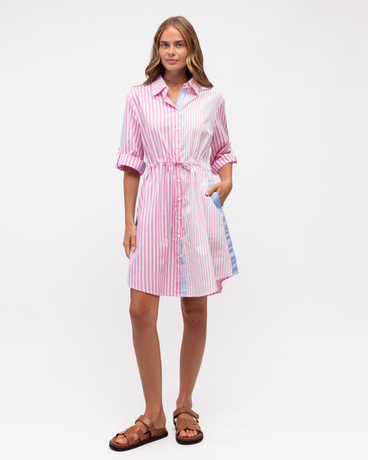 LOL70930 PINK/BLUE MULTI STRIPE SHIRT DRESS