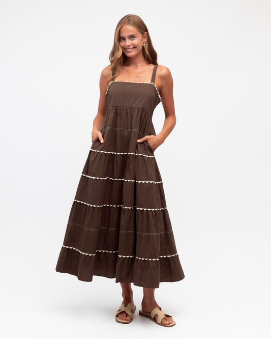 LOL70941 CHOCOLATE TIERED CONTRAST TRIM MAXI DRESS