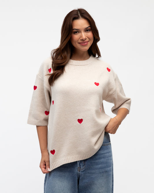 LOL70979 NEUTRAL EMBROIDERED KNIT TEE