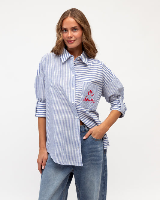 LOL71195 DARK BLUE STRIPE MI AMORE EMBROIDERED SHIRT
