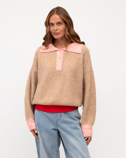 LOL71219 OATMEAL CONTRAST TRIM SWEATER