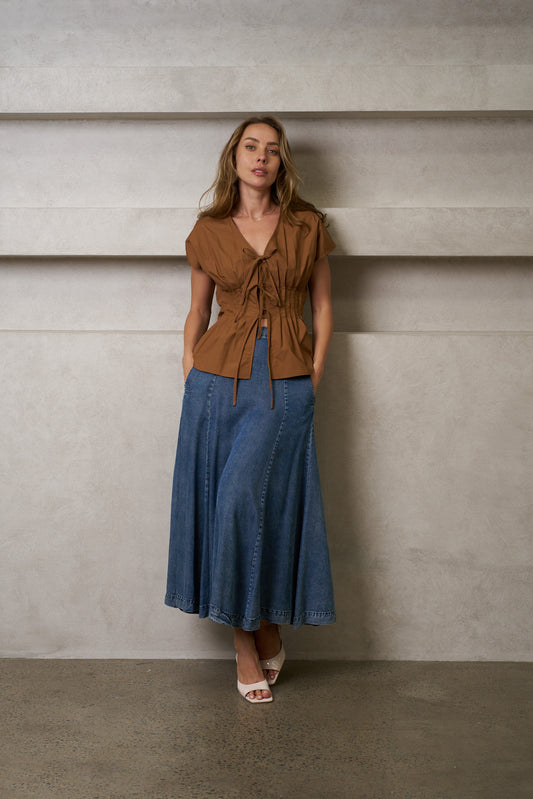 REW112602 UMBER ABBY TIE FRONT TOP