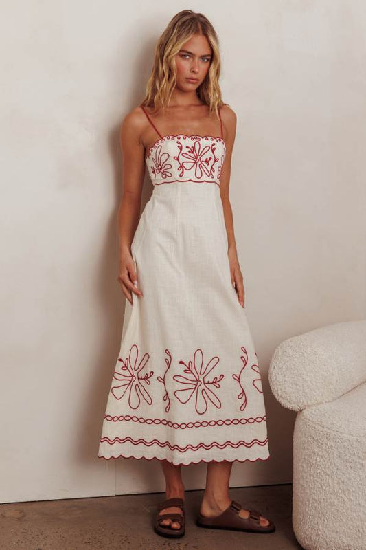 SR1421D EMBROIDERED TRIM MIDI DRESS