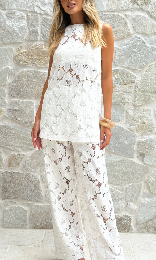 ST5347F-T/P WHITE LACE TOP AND PANT SET